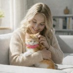 Woman cuddling ginger kitten on sofa
