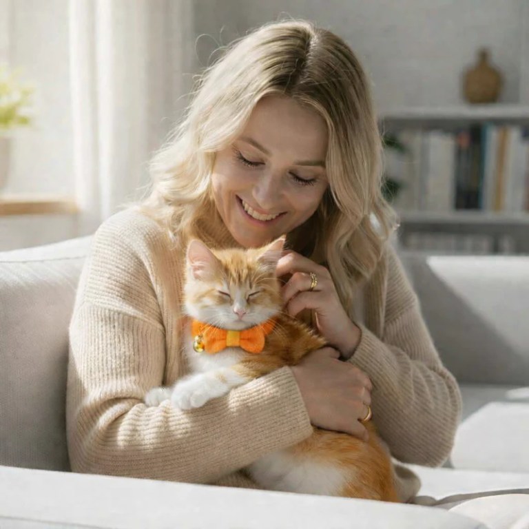 image 2 Woman cuddling orange kitten with bow tie collar