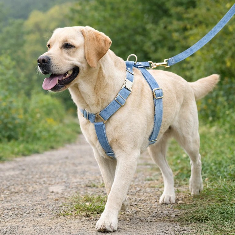 Labrador retriever wearing blue harness on leash