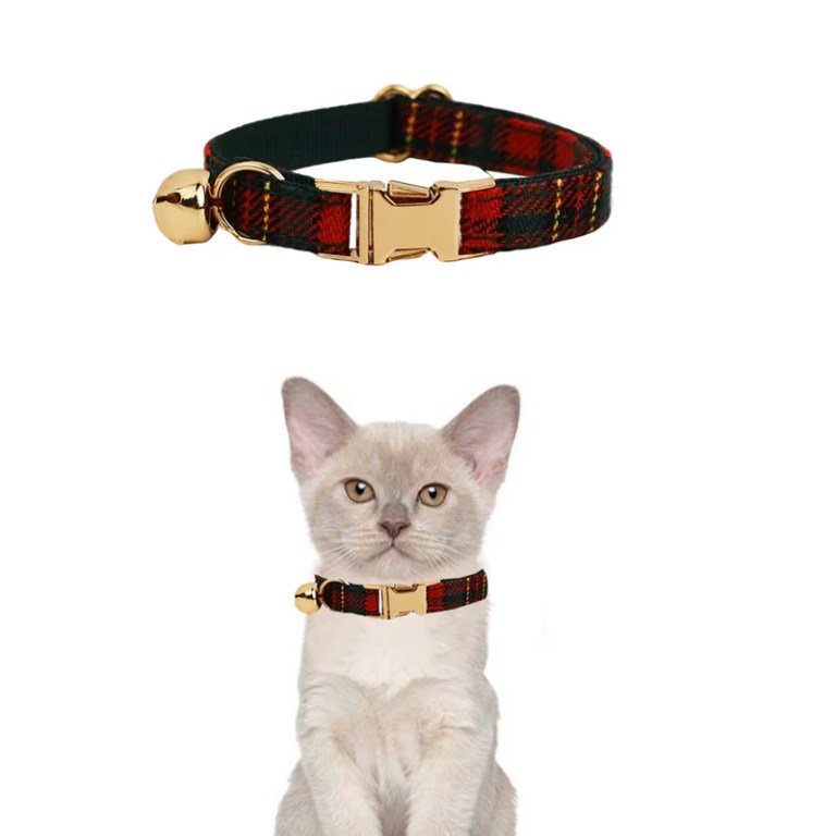 Red tartan cat collar with gold bell
