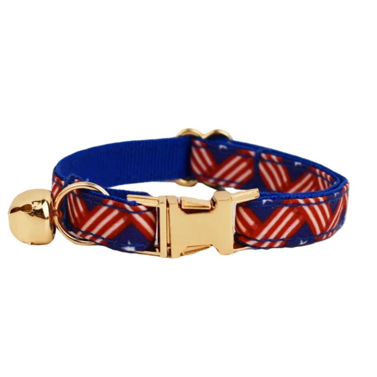 Blue patterned pet collar with gold buckle and bell