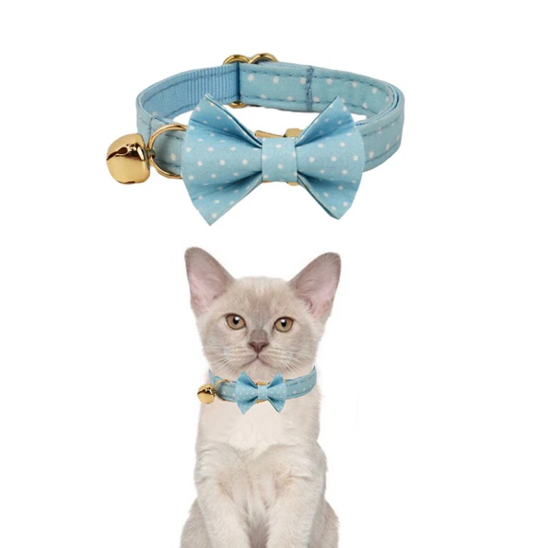 image 2 Blue polka dot cat collar with bow