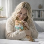 image 2 Woman cuddling ginger cat wearing green bow tie