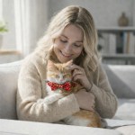 image 2 Woman cuddling ginger cat with red bow tie