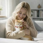 Woman cuddling ginger kitten on sofa