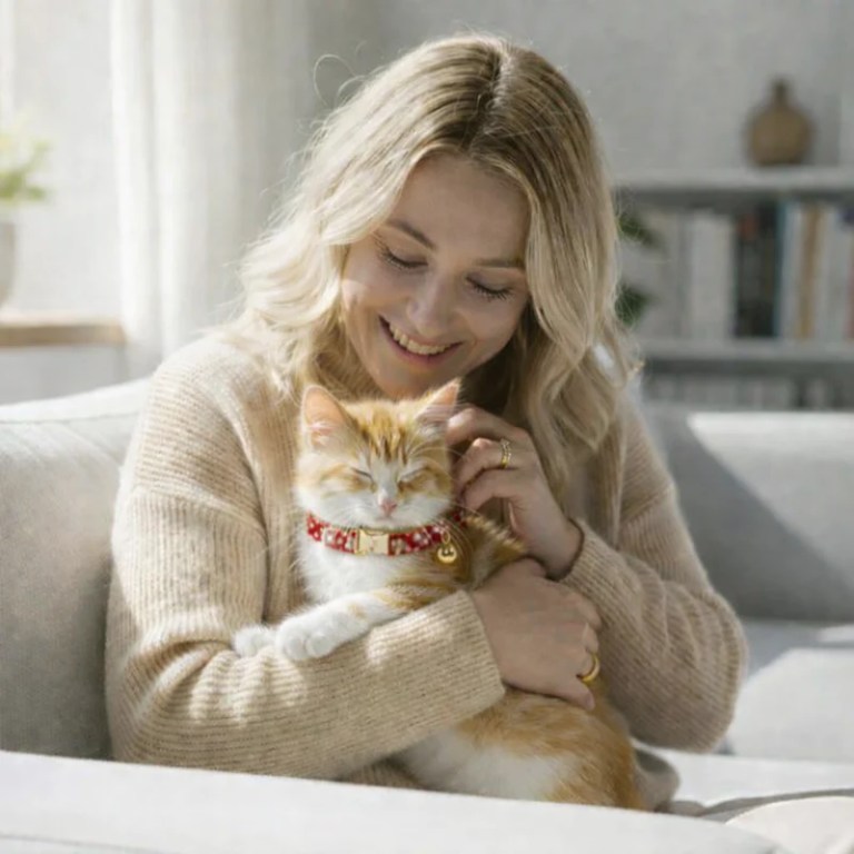 Woman cuddling ginger kitten on sofa