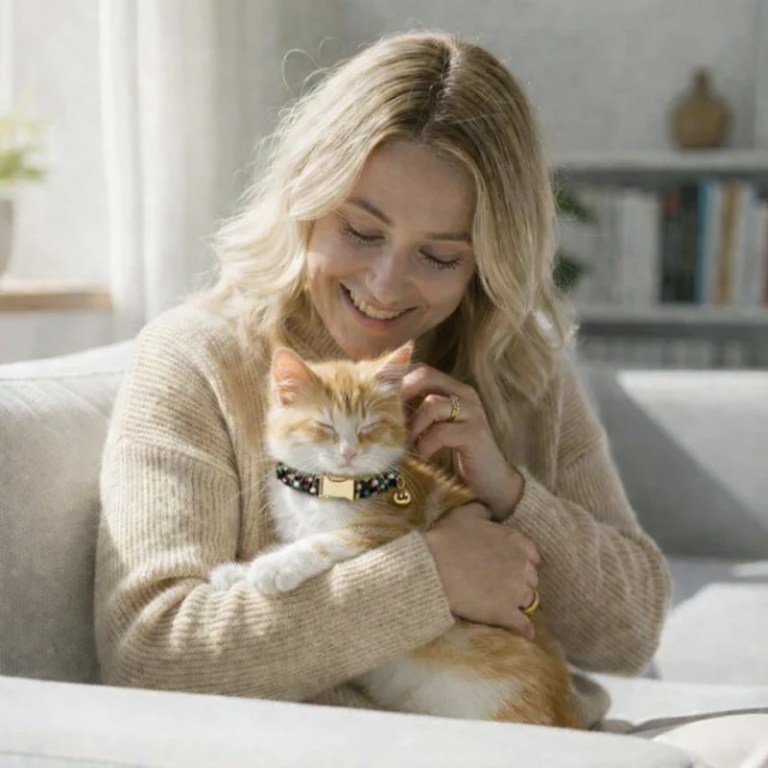 image 2 Woman cuddling ginger cat on sofa indoors