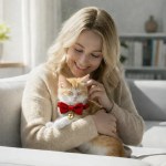 Woman cuddling ginger kitten wearing red bow tie