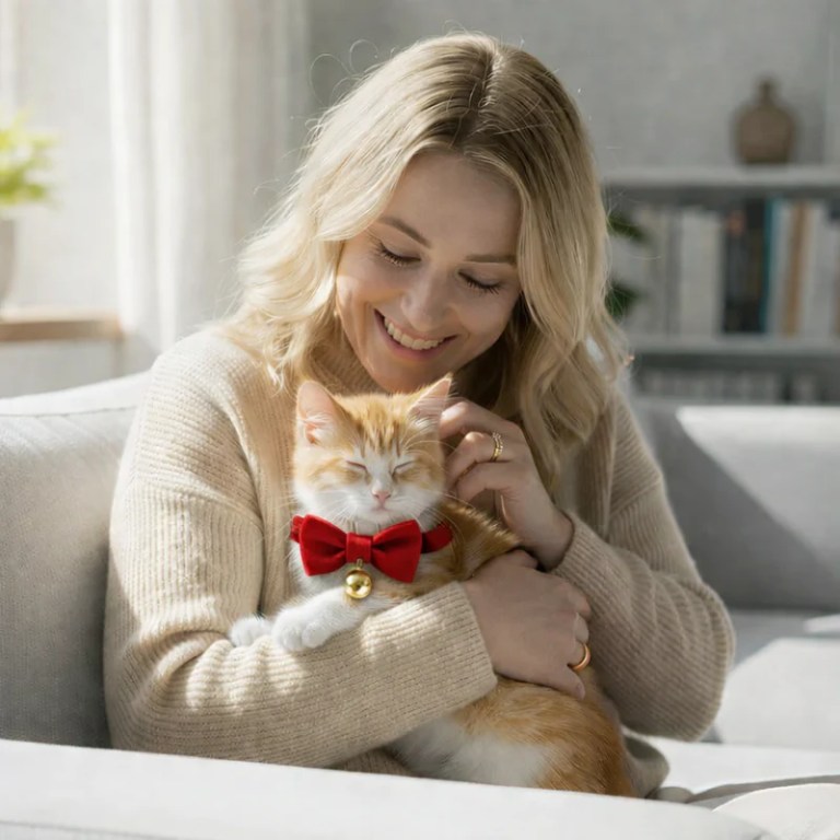 Woman cuddling ginger kitten wearing red bow tie