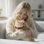 Woman cuddling ginger kitten on sofa