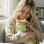 image 3 Woman cuddling ginger cat with green bow tie