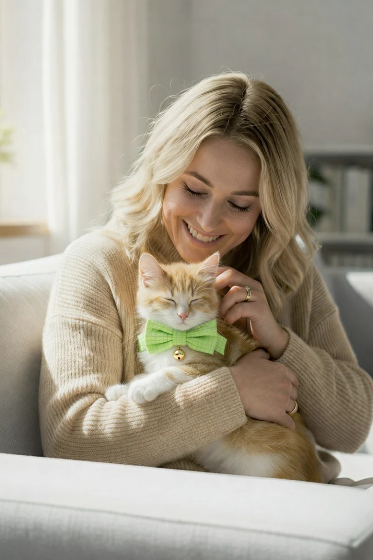 image 3 Woman cuddling ginger cat with green bow tie