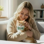 image 3 Woman cuddling ginger cat with green bow tie