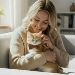 Woman cuddling ginger kitten wearing bow tie