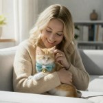 Woman cuddling ginger cat with bow tie