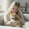 Woman cuddling ginger kitten on sofa indoors