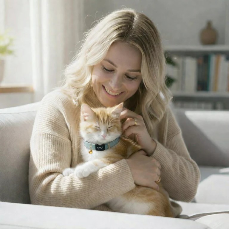 image 3 Woman cuddling ginger kitten on sofa indoors