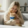 image 3 Woman cuddling ginger cat with blue bow tie