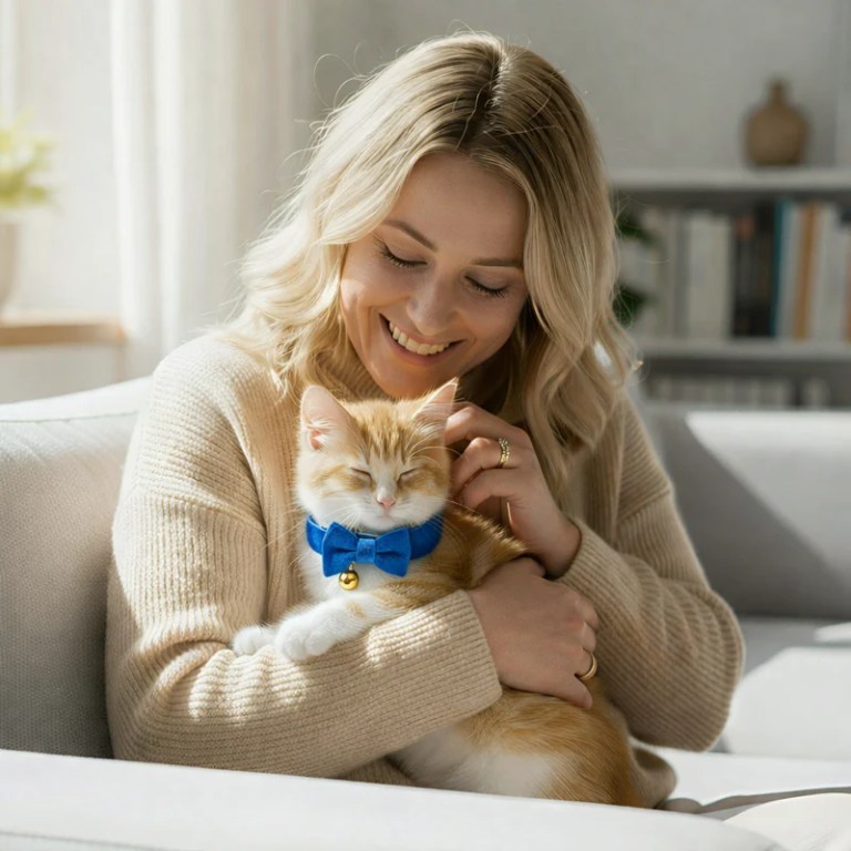 image 3 Woman cuddling ginger cat with blue bow tie