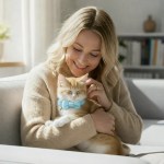 image 3 Woman cuddling ginger kitten with blue bow tie