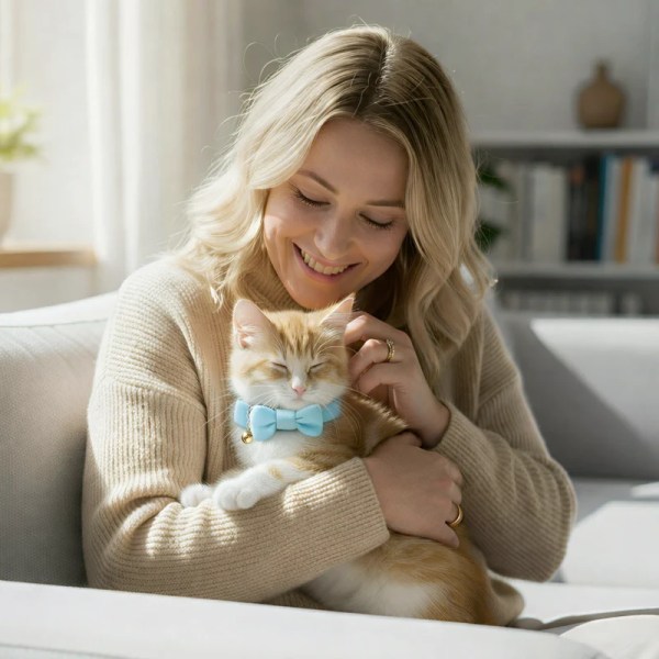 image 3 Woman cuddling ginger kitten with blue bow tie