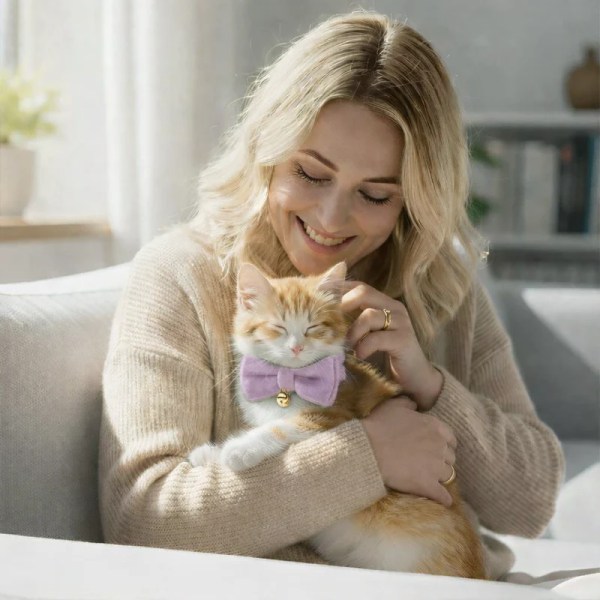 Woman cuddling ginger kitten wearing purple bow tie