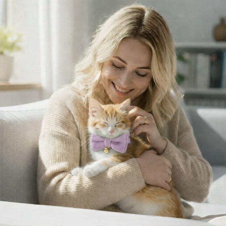 Woman cuddling ginger kitten wearing purple bow tie