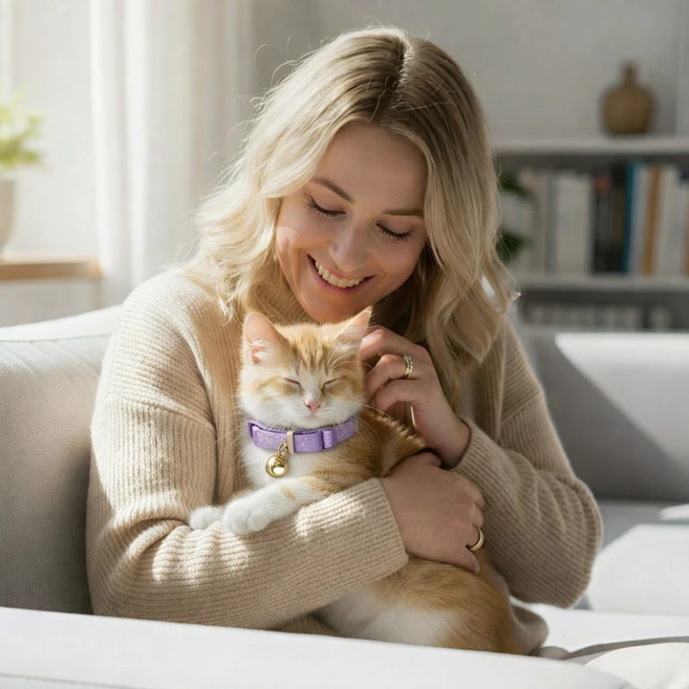 Woman cuddling ginger kitten on sofa