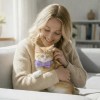 image 3 Woman cuddling ginger cat with purple bow tie