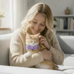 Woman cuddling ginger cat with purple bow tie
