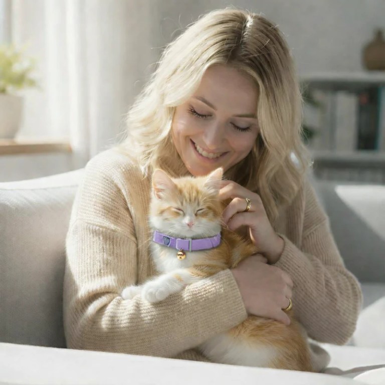 Woman cuddling ginger kitten with purple collar