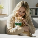 Woman cuddling kitten wearing green bow tie