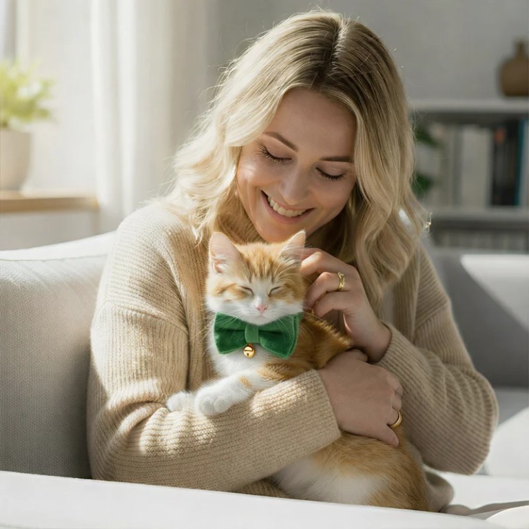 Woman cuddling kitten wearing green bow tie
