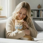 image 3 Woman cuddling ginger kitten with blue bow tie