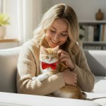 image 3 Woman cuddling orange cat with red bow tie