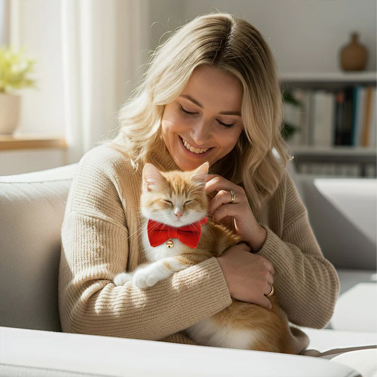 image 3 Woman cuddling orange cat with red bow tie