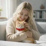 Woman cuddling ginger kitten with red collar
