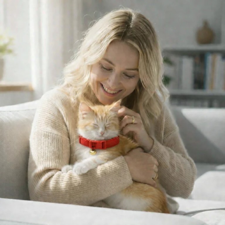 Woman cuddling ginger kitten with red collar