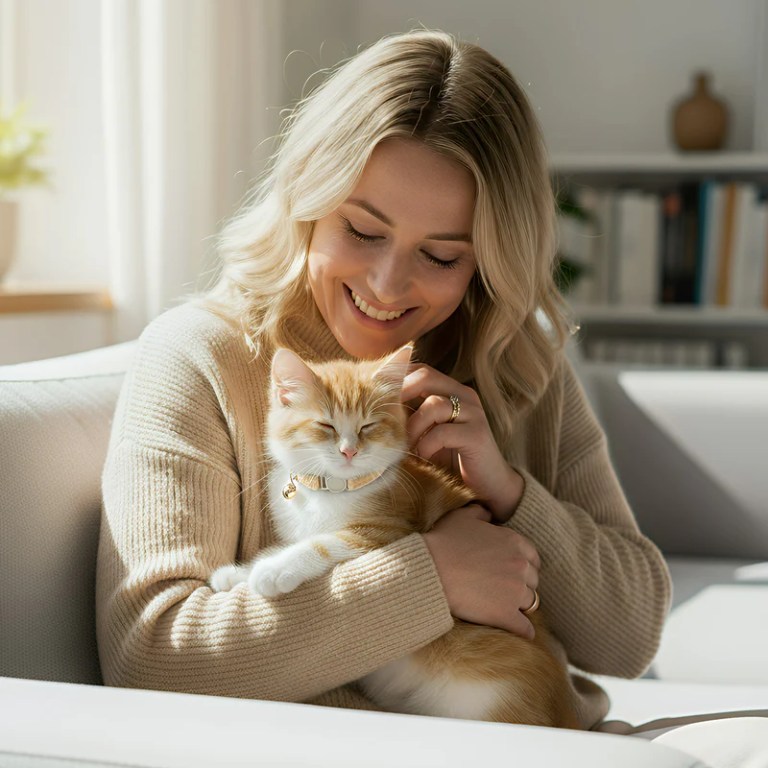 Woman cuddling orange kitten on sofa indoors