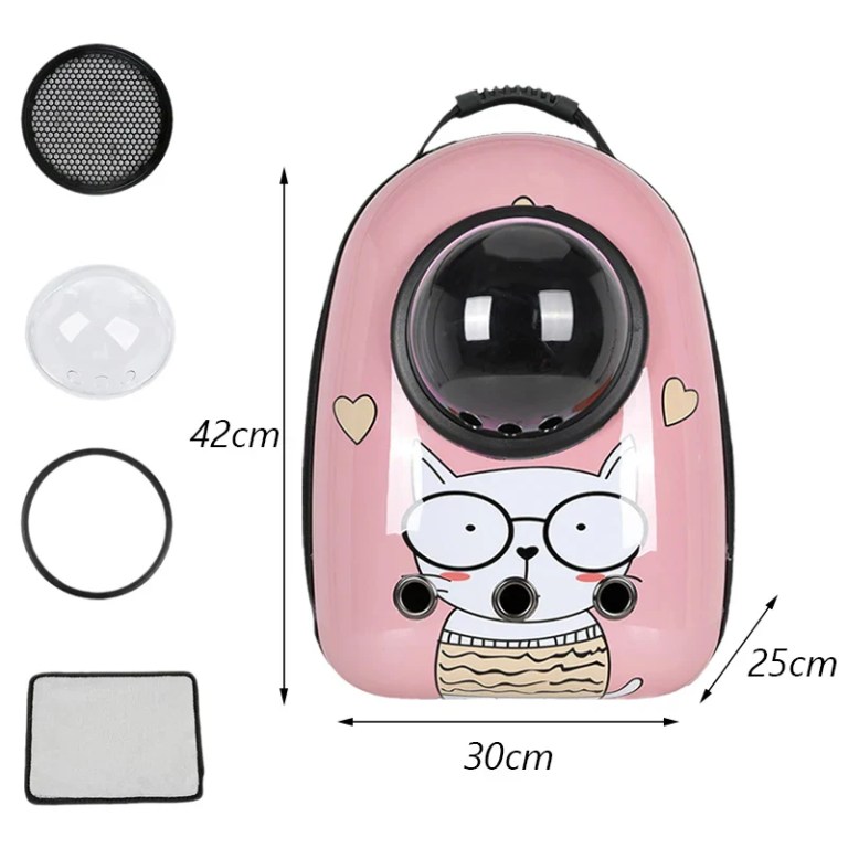 Pink cat-themed pet carrier backpack with bubble window