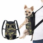 Small dog in camouflage pet carrier backpack