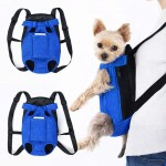 Small dog in blue front-facing pet carrier