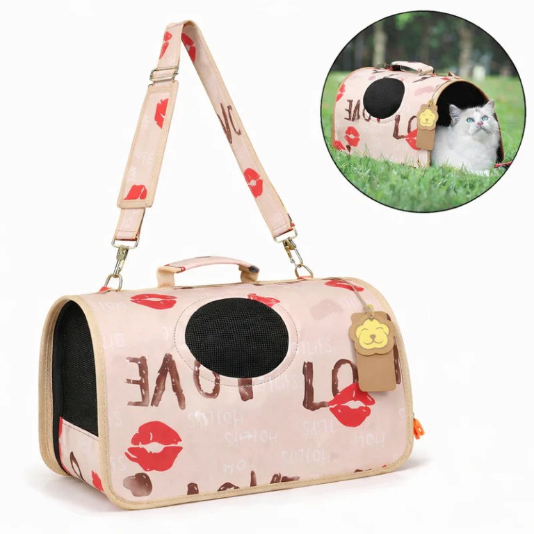 image 3 Pink pet carrier with lip prints and strap