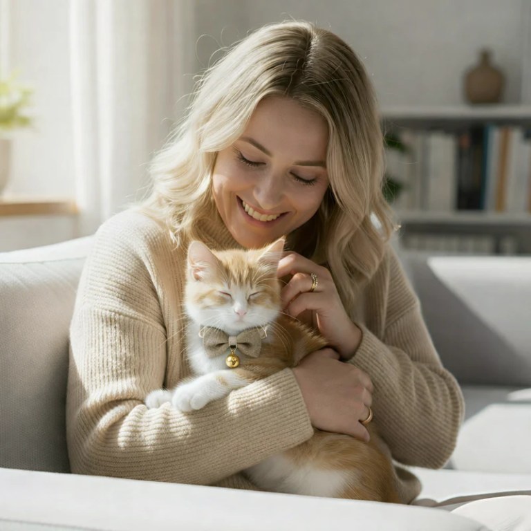 image 3 Woman cuddling ginger kitten with bow tie