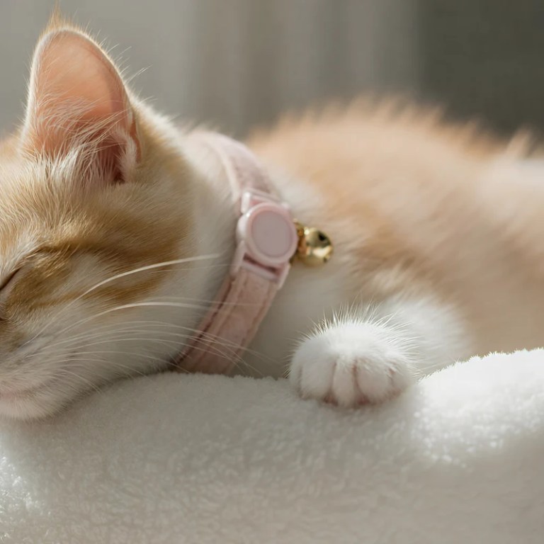 Sleeping ginger and white kitten with pink collar