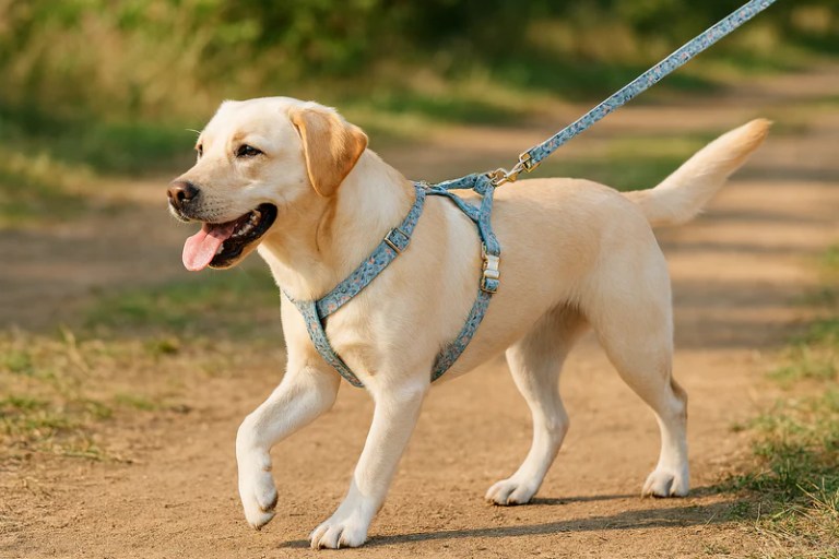 Labrador walking on leash along bush track