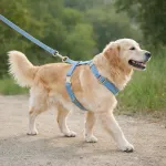 Golden retriever walking on leash with blue harness