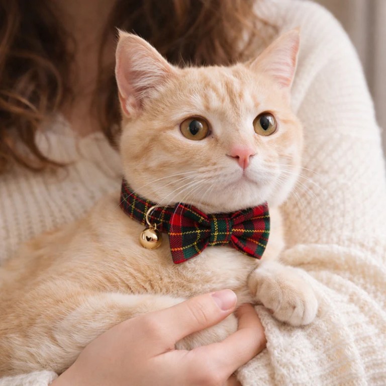 Ginger cat wearing tartan bow tie collar