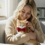 Woman cuddling ginger cat with red bow tie