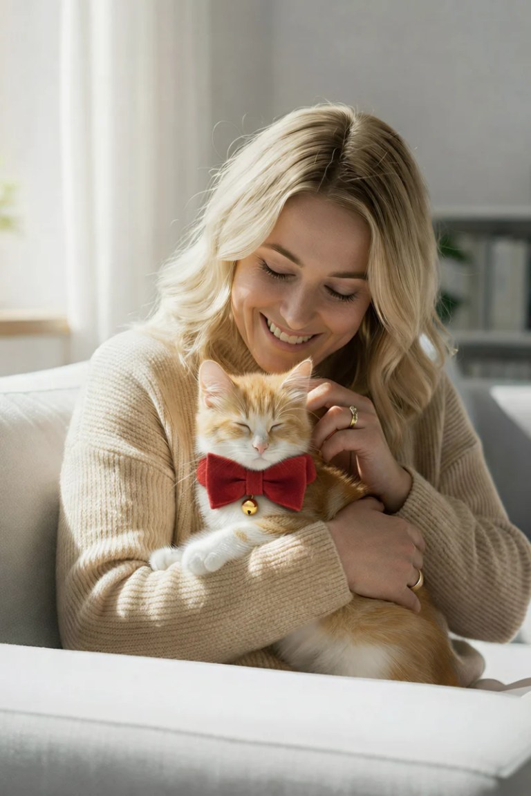 Woman cuddling ginger cat with red bow tie